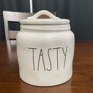 Rae Dunn Tasty canister with lid.